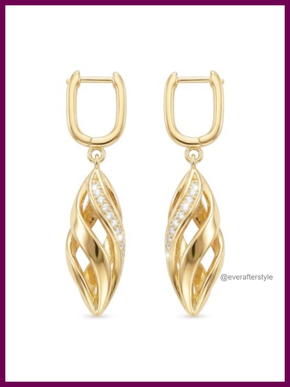 14K Yellow Gold Dangle Drop Earrings for Women, Twisted Hollow CZ Hoop,
